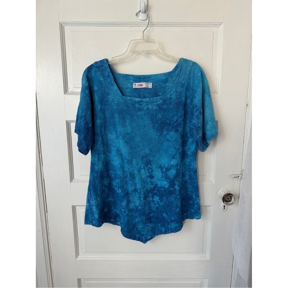 Maria De Guadalajara Blue Tie Dye Gauze Cotton Square Neck Blouse Boho Beach